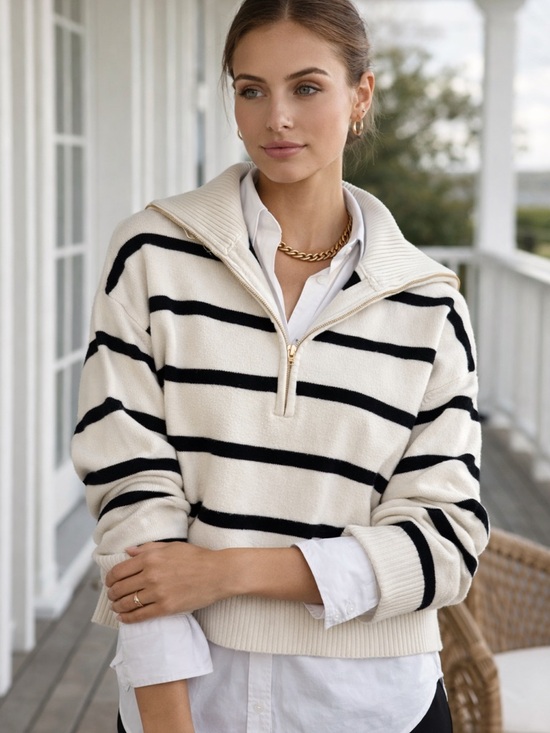 Cynthia Rowley Sweaters - Cynthia Rowley Cream & Black Stripe Quarter Zip Sweater Coastal Preppy Chic